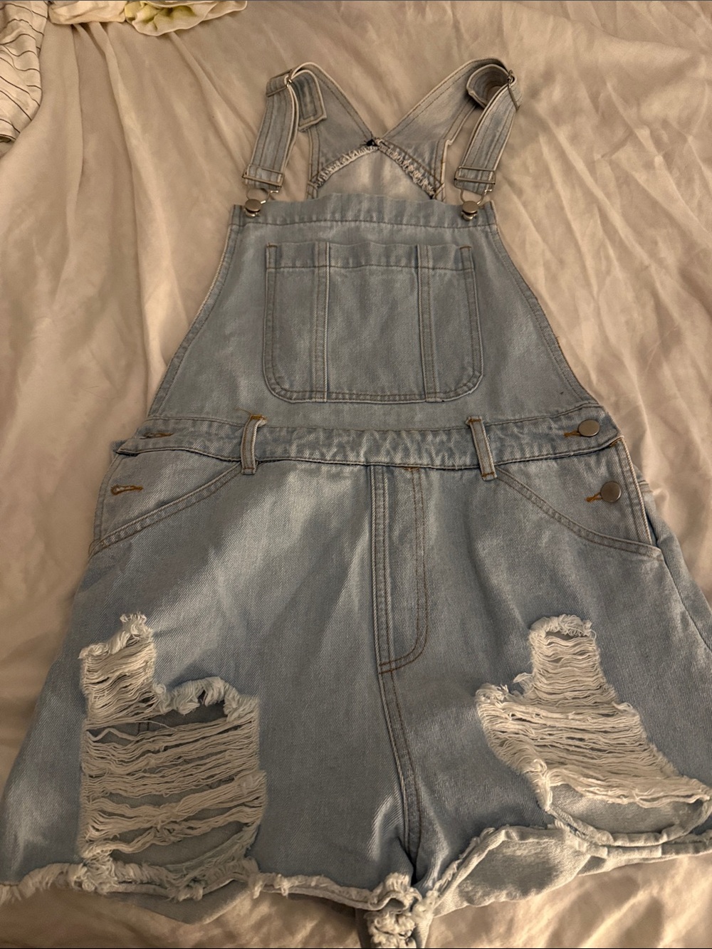 Light Blue Distressed Denim Overalls Shorts - Unbranded